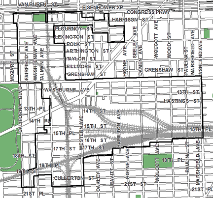 Western/Ogden TIF district map, roughly bounded on the north by Congress Parkway, 21st Street on the south, Ashland Avenue on the east, and California Boulevard on the west.